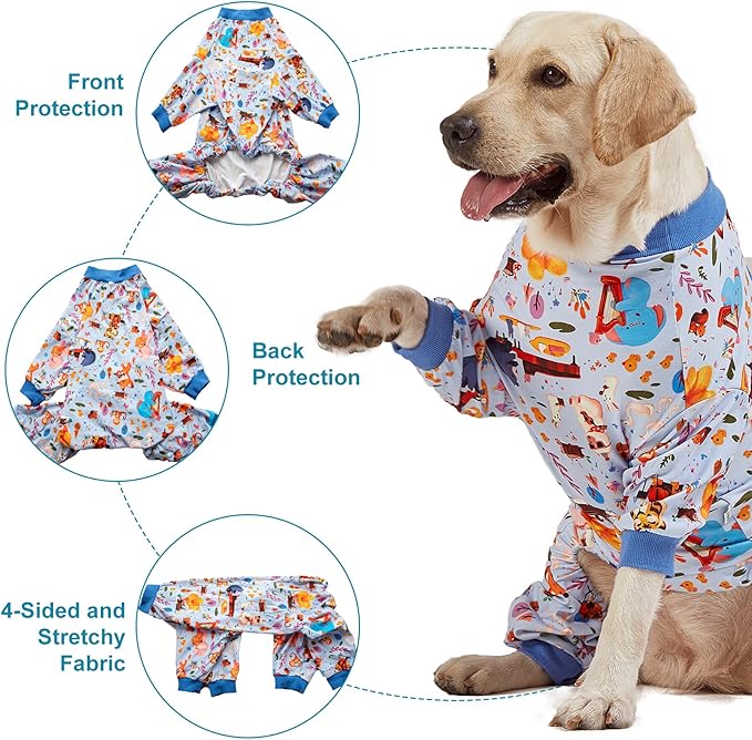 LovinPet Pajamas for Big Dogs, Pet Anxiety Relief, Sun Protection Dog Pajamas, Lightweight Stretchy Knit Fabric, Woodland Musicians Print, PJ's for Dogs, Stop Shedding for Dogs, Pet PJ's, L