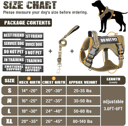 Tactical Dog Harness and Leash Set Small Sized Dog,Heavy Duty No Pull Service Dog Vest and 10 Patches with Dog Seat Belt,Reflective Adjustable Pet Harness for Training Walking Hiking Brown S