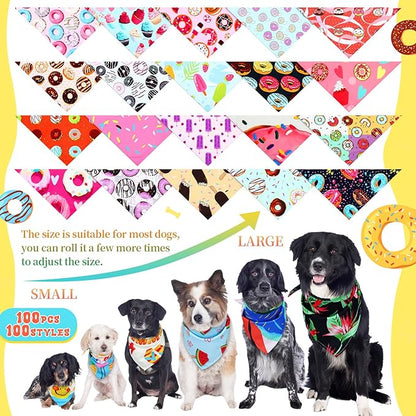 100 Pcs Dog Bandanas Bulk Pet Bibs Colorful Triangle Scarf Pet Bandanas for Medium Large Dogs Spring Summer Birthday Costume Decoration (Donut)