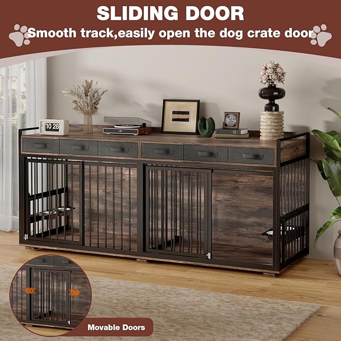 86.6" Double Dog Crate Furniture for Large Breeds,Metal Frame Heavy Duty Chew-Resistant Dog Crate Kennel for 2 Dogs with Adjustable Feeder Bowls/Removable Divider/6 Drawers,Rustic Brown