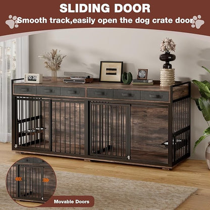 86.6" Double Dog Crate Furniture for Large Breeds,Metal Frame Heavy Duty Chew-Resistant Dog Crate Kennel for 2 Dogs with Adjustable Feeder Bowls/Removable Divider/6 Drawers,Rustic Brown