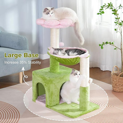 Flower Cat Tree 34 Scratching Post Small Cat Tower for Large Cats, with 15.7”Large Hammock, Removable Top Bed and Wide Condo for Indoor Cats-Pink and Green