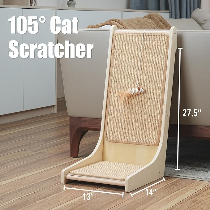 105° Cat Scratcher, L-Shaped Sisal Cat Scratching Pad for Indoor Cats, Floor-Mounted Scratch Board with Catnip & Interactive Mouse Toy