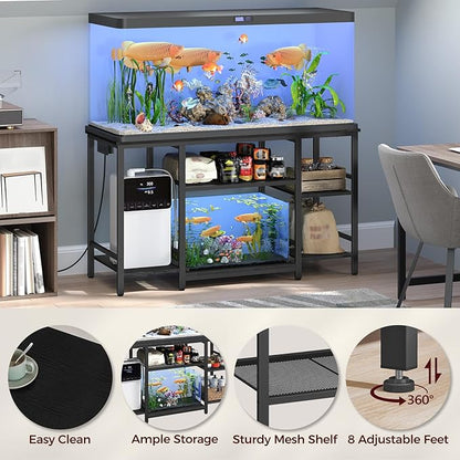 55-75 Gallon Fish Tank Stand with Power Outlet, 3-Tier Metal Frame Aquarium Stand, Heavy Duty Reptile Terrarium Tank Stand, 52.0" L x 19.7" W x 29.9" H, 800 LBS Capacity, Black FTBK55E01