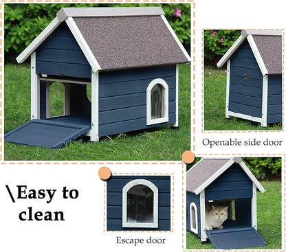 Rockever Outdoor Cat House, Feral Cat House Outdoor Weatherproof with Escape Door and Clear Windows for 2 Cats（Blue）