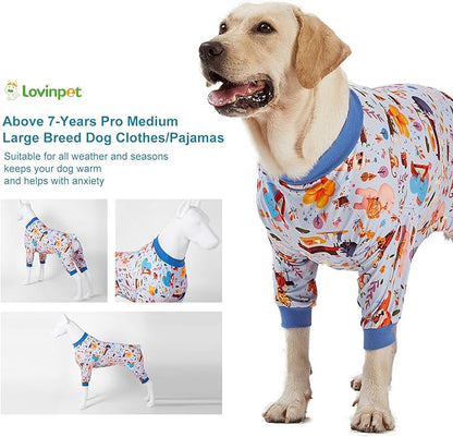 LovinPet Pajamas for Big Dogs, Pet Anxiety Relief, Sun Protection Dog Pajamas, Lightweight Stretchy Knit Fabric, Woodland Musicians Print, PJ's for Dogs, Stop Shedding for Dogs, Pet PJ's, M