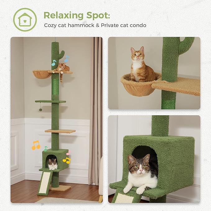 PETEPELA Floor to Ceiling Cat Tree[83"-108"], Cat Tower 5 Levels, Height Adjustable, Cat Scratching Post with Top Perches and Spacious Condo for Large Indoor Cats, Cactus Green