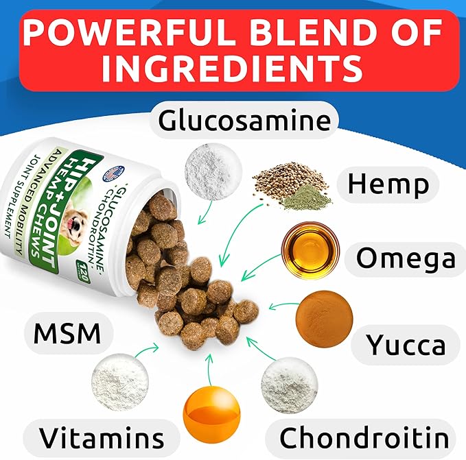 BARK&SPARK Advanced Hemp Chews for Dog Joint Pain Relief - Glucosamine Chondroitin Hemp Treats Hip Joint Health - Joint Supplement Large Breed & Small - Treats Joints Old Senior Dog