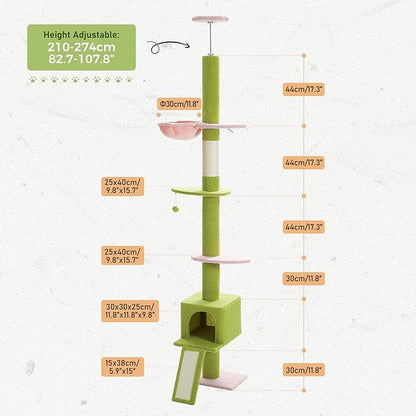 PETEPELA Floor to Ceiling Cat Tree[83"-108"], Cat Tower 5 Levels, Height Adjustable, Cat Scratching Post with Top Perches and Spacious Condo for Large Indoor Cats, Pink