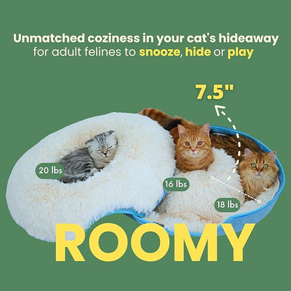 CATTASAURUS Peekaboo Cat Cave for Multiple & Large Cats Up to 30-45 Lbs, Fluffy Cat Beds for Indoor Cats, Scratch Detachable & Washable Tunnel Bed, Comfy Donut Cat Cave (Blue, Large (Calming))