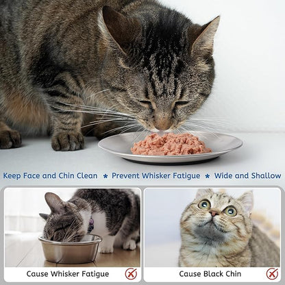 Stainless Steel Cat Bowls, 6.7" Wide and Shallow Cat Food Bowl Set with Silicone Ring for Non Slip, Flat Metal Cats Dishes or Plates for Feeding Indoor Cats, Kitten, Small Dogs (Silver-2 Pack)