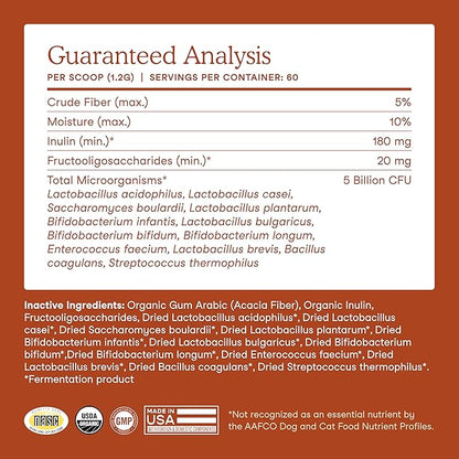 Fera Pets Probiotics for Dogs & Cats with Prebiotics - USDA Organic - Gut Health Powder Supplement with 12 Strains and 5 Billion CFUs - Supports Immunity, Energy and Skin & Coat - 60 Scoops