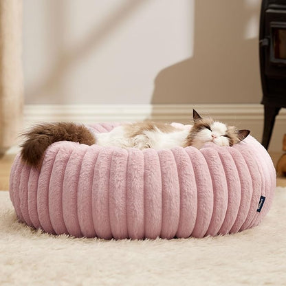 Bedsure Cat beds for Indoor Cats - Donut Dog Beds for Small Dogs with Corduroy Fleece & Anti Slip Bottom, Faux Fur Pet Beds with Washable Removable Cover, Blush Pink, 20x20x6 inches