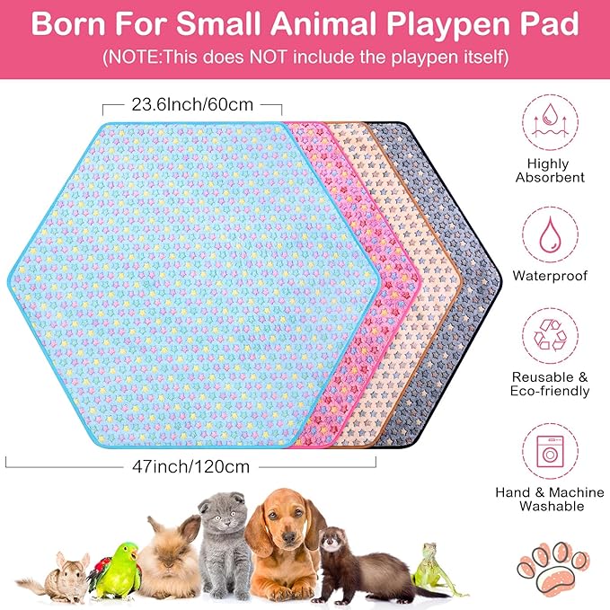 Preboun 4 Pcs 47 in Guinea Pig Playpen Pad Waterproof Hexagon Mat Reusable Dog Playpen Liner for Small Animal Rabbit Cage Tent Pee Pad Washable Yard Fence(Vivid Star)