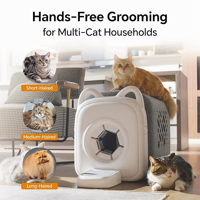 automatic cats self groomer - 360° Surround Skin Friendly cat grooming supplies,Cat Brushes with biomimetic cat tongue brush Include And Smart feeder For Long, or Short Haired [White]