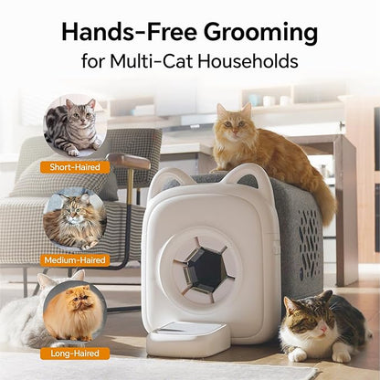 automatic cats self groomer - 360° Surround Skin Friendly cat grooming supplies,Cat Brushes with biomimetic cat tongue brush Include And Smart feeder For Long, or Short Haired [White]