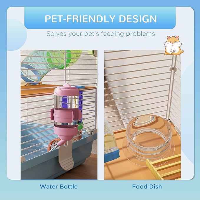 PawHut 18" 5 Tier Hamster Cage with Tubes and Tunnels, Small Animal Cage with Portable Carry Handle, Gerbil Cage with Water Bottle, Food Dish, Exercise Wheel, Light Blue