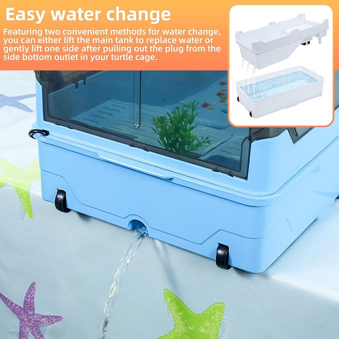 Turtle Habitat Tank Kit– Fresh Filtration, Waterplay Fun, Diverse Living, Heat Lamp, Water Pump and Convenient Water Changes in Turtle cage Tanks (Blue, XL)