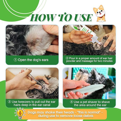 Dog Ear Powder Set, Dog Ear Powder for Hair Removal 30g , 5.5 Inch Hemostat and Dog Clippers for Grooming, Dog Ear Infection Treatment ，Removing Earwax and Odour，Relief of Itching（greener 3pcs)