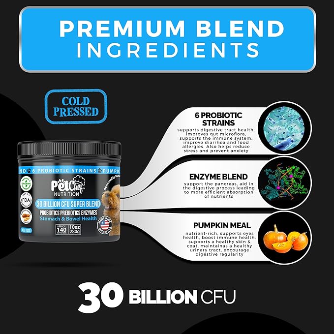 Pet Chef Cannine Probiotics: Fixes Smelly Breath, Runny Eyes, Paw Licking. Probiotics & Prebiotics for Dog Digestion Gut Health. Dog Anal Gland repair-30 Billion cfu Strong-All Ages. No Chemicals
