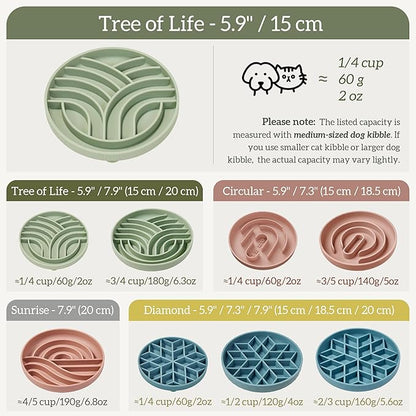 OHMO Slow Feeder Dog& Cat Bowl, Silicone Puppy Cat Food Bowl with Anti-Slip Suction Cup Slow Down Small Dogs Eating, Anti Choking (S-Tree of Life,Sage Green)