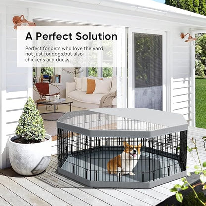 PJYuCien Dog Playpen, 8 Panels 24”H Dog Playpen Indoor with Grey Bottom Pad and Top Cover, Metal Foldable Dog Pen for Indoor Use, Only for Small Medium Animals, Grey
