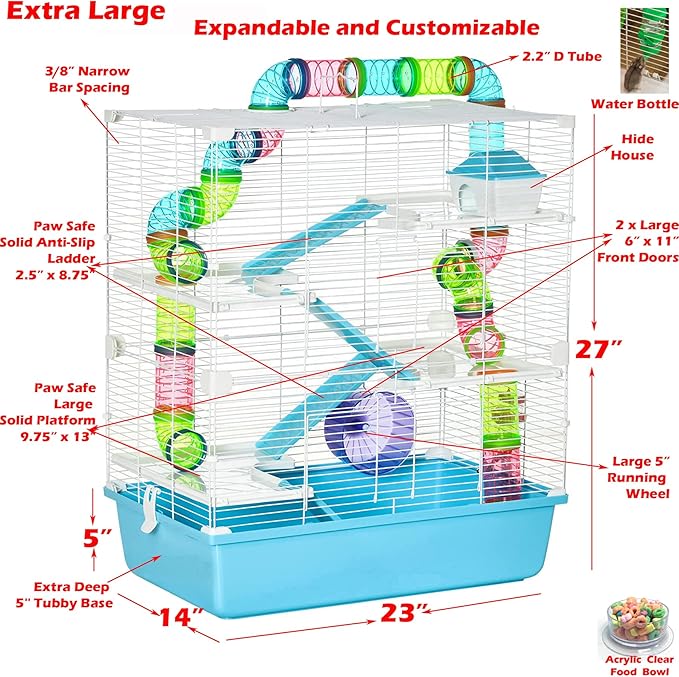 Extra Large 23" Multi-Floors Hamster Mansion Mouse Habitat Gerbil Home Rat House Small Animal Critter Expandable and Customizable Cage with Hide House Running Wheels Food Dish Water Bottle Deep Base