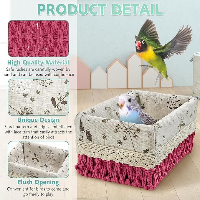 kathson Bird Nest Parrot House Birds Sleeping Bed Straw Weave All Season Hanging Hammock Bird Bed Snuggle Hut Birdcage Accessories for Parakeets Budgies Cockatiels Conures Quaker Parrot (Red)