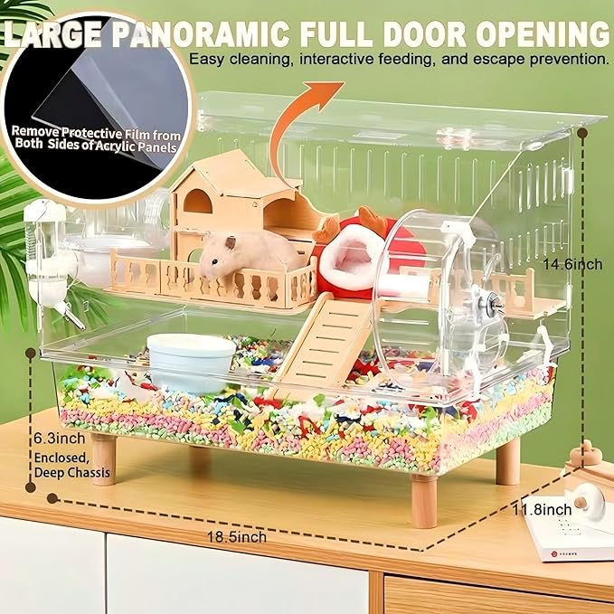 8 in 1 Acrylic Hamster Cage with All Accessories,2-Layer Hamster House with Full Transparent Viewing,Top Open Mouse Cage for Pet Mice,Hamster Habitat for Dwarf Hamster,Gerbils;18.5"x11.8"x14.6"