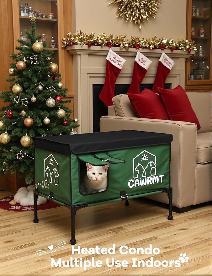 Outdoor Heated Cat House, Detachable Feral Cats House with a Open Window for Inside Outside, Cat House Weatherproof in Winter, Cat Shelter with Pet Heating Pad (Green, Large)