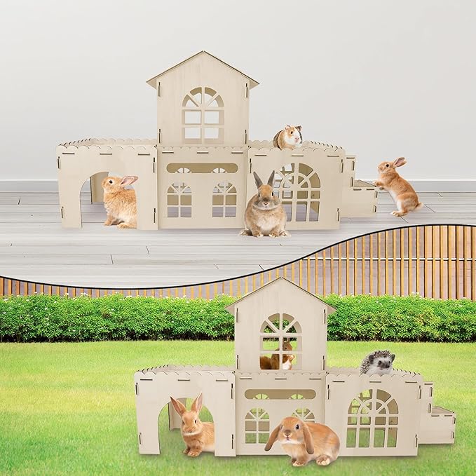 YUEPET Extra Large Wooden Bunny Castle, Ventilated Rabbit Castle Hideaway with Stairs, Detachable Small Animal Hideout & Habitats for Indoor Outdoor Dwarf Rabbits Bunnies to Hide & Play