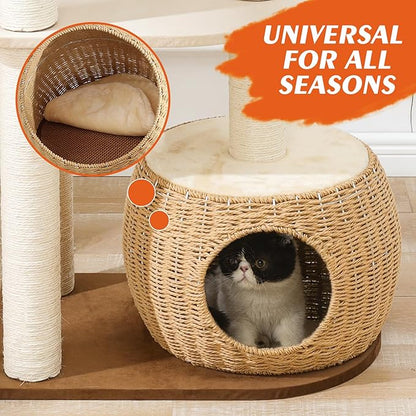 Big Cat Tree for Large Cats - Multi-Cat Tower with Natural Sisal & Handwoven Basket, Extra Sturdy Base, Breathable Perch - Rustic Wood Style Cat Furniture for Indoor Cats