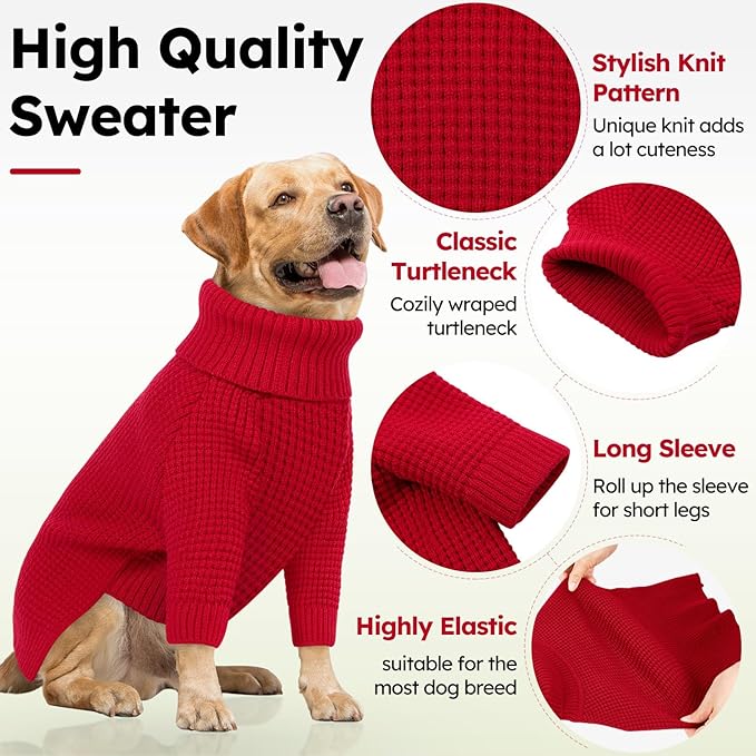 Queenmore Turtleneck Large Dog Sweater, Plaid Dog Sweater with Check Pattern, Long Sleeve Holiday Doggie Sweaters, Solid Pet Sweaters for Large Breeds, Red L