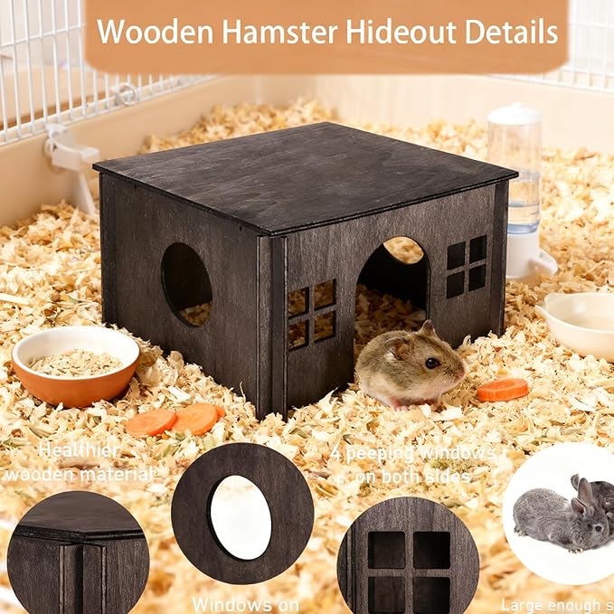 Wooden Guinea Pig Hideout, Guinea Pig House Small Rabbit Hideout with Multiple Windows, Small Animal House Bunny House Hideaway Castle Habitat for Guinea Pigs, Hamster, Chinchilla