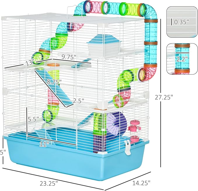 PawHut Extra Large 23" Hamster Cage with Tubes and Tunnels, Portable Carry Handles, Rat House and Habitats Big 5-Tier Design, Mouse Cage Includes Exercise Wheel, Water Bottle, Food Dish, Light Blue