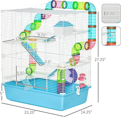 PawHut Extra Large 23" Hamster Cage with Tubes and Tunnels, Portable Carry Handles, Rat House and Habitats Big 5-Tier Design, Mouse Cage Includes Exercise Wheel, Water Bottle, Food Dish, Light Blue