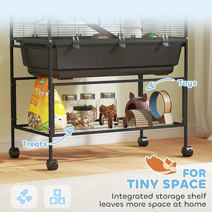 PawHut Large Hamster Cage with Deep Tray, 3 Tier Rolling Rat Cage with Storage Shelf, Big Exercise Wheel, Tube System, Hut, Platforms, Ramps, Food Dish, Water Bottle, for Syrian, Gerbil, Mouse