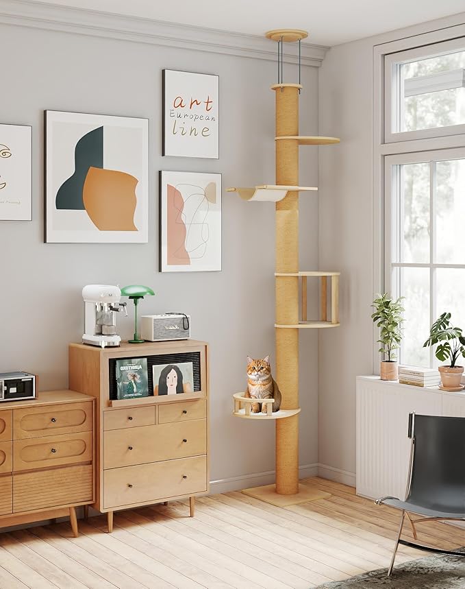 COZIWOW Floor-to-Ceiling Cat Tree, Adjustable (89-112 inches), Sturdy 5-Tier Tower for Large Cats. Features 5.5" Scratching Posts, Hammock, Platforms. Saves Space, enriches Indoor Play.