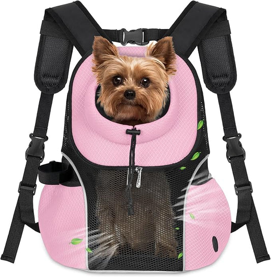 WOYYHO Pet Dog Carrier Backpack Small Dog Front Backpack Ventilated Mesh Dog Travel Back Pack with Safety Belt for Travel Hiking Cycling Outdoor Adventures (Size L: 10-14 lbs, Pink)