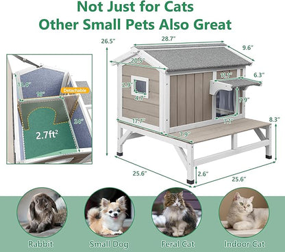 Insulated Cat House Weatherproof Outdoor Feral Cats Shelter Warm Home for Winter Indoor Cat Condo Elevated 8.3" Platform Balcony Waterproof Roof for1-3 Community Cats Small Pets