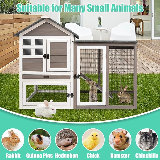 48" L Rabbit Hutch Indoor Outdoor Rabbit Cage with Run, Pull Out Tray, Asphalt Roof Large 2 Story Bunny Hutch Wooden Chicken Coop Guinea Pigs Pet House Cage for Small Animals(Grey)