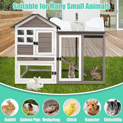 48" L Rabbit Hutch Indoor Outdoor Rabbit Cage with Run, Pull Out Tray, Asphalt Roof Large 2 Story Bunny Hutch Wooden Chicken Coop Guinea Pigs Pet House Cage for Small Animals(Grey)