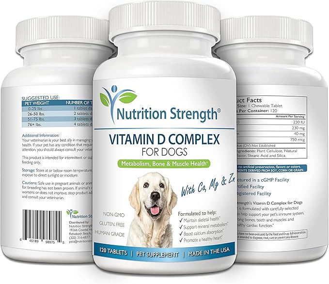 Vitamin D for Dogs with Calcium, Magnesium and Zinc to Support Strong Teeth, Bones and Muscles, Promote Mineral Metabolism and a Healthy Immune Function, 120 Chewable Tablets