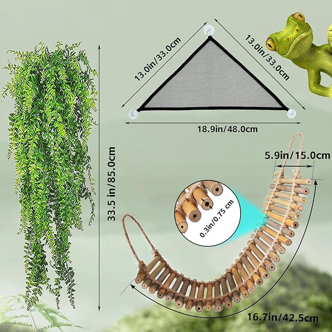 kathson Reptile Bridge for Terrarium,Bearded Dragon Wooden Bridges Gecko Hammock with Hanging Plants Lizard Lounger Bamboo Ladder Reptiles Tank Accessories Climbing for Chameleons Geckos Snakes (3Pcs)
