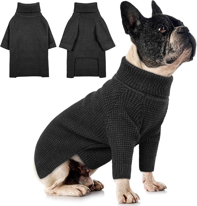 Queenmore Turtleneck Long Sleeve Knitted Sweater with Check Pattern, Fall Winter Warm Sweaters for Small Medium Large Dogs and Cats, Solid Pull-on Pet Sweater, Charcoal Gray M