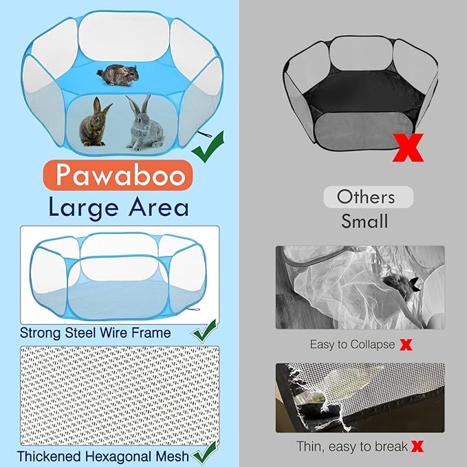 Pawaboo Small Animals Playpen, Waterproof Small Pet Cage Tent with Strong Steel Wire Frame, Portable Outdoor Yard Fence for Chick/Kitten/Puppy/Guinea Pig/Rabbits/Hamster/Chinchillas, Blue