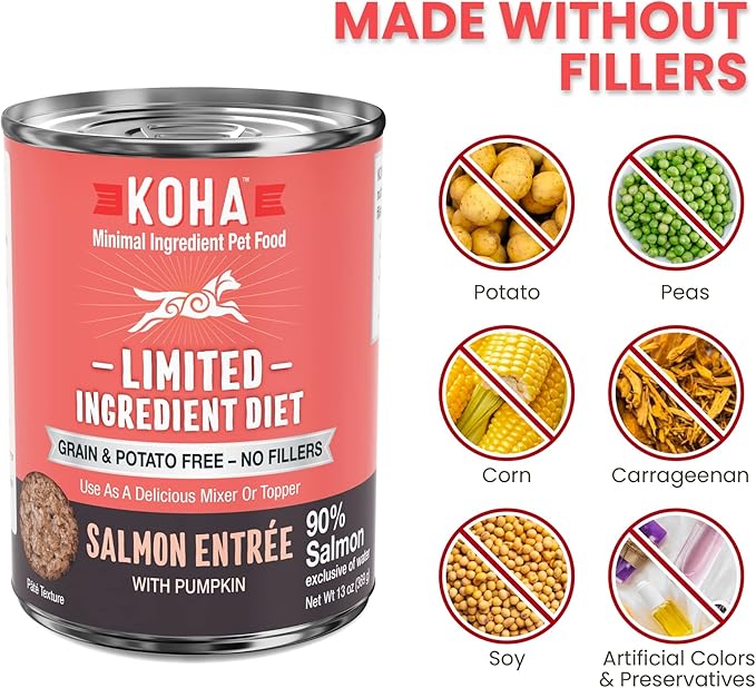 KOHA Limited Ingredient Diet Salmon Entrée for Dogs - Dog Food Toppers for Picky Eaters - Sensitive Stomach Canned Dog Food - Pate Dog - 13 oz Pack of 12