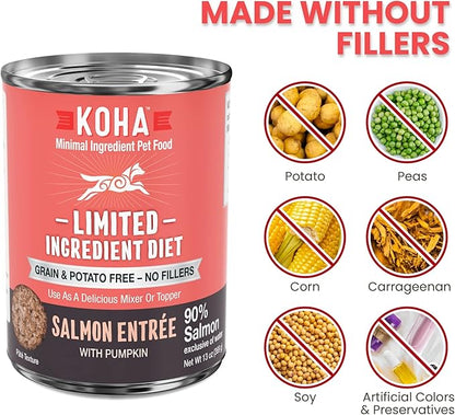 KOHA Limited Ingredient Diet Salmon Entrée for Dogs - Dog Food Toppers for Picky Eaters - Sensitive Stomach Canned Dog Food - Pate Dog - 13 oz Pack of 12