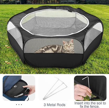 Pawaboo Small Animals Playpen, Waterproof Small Pet Cage Tent with Zippered Cover, Portable Outdoor Yard Fence with 3 Metal Rod for Kitten/Puppy/Guinea Pig/Rabbits/Hamster/Chinchillas, Black