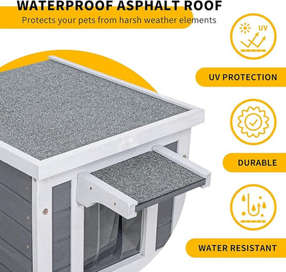 GEGURI Outdoor Cat House, Weatherproof Shelter for Ferrel Cats, Dogs, Rabbits Hutch with Elevated Floor, Asphalt Roof